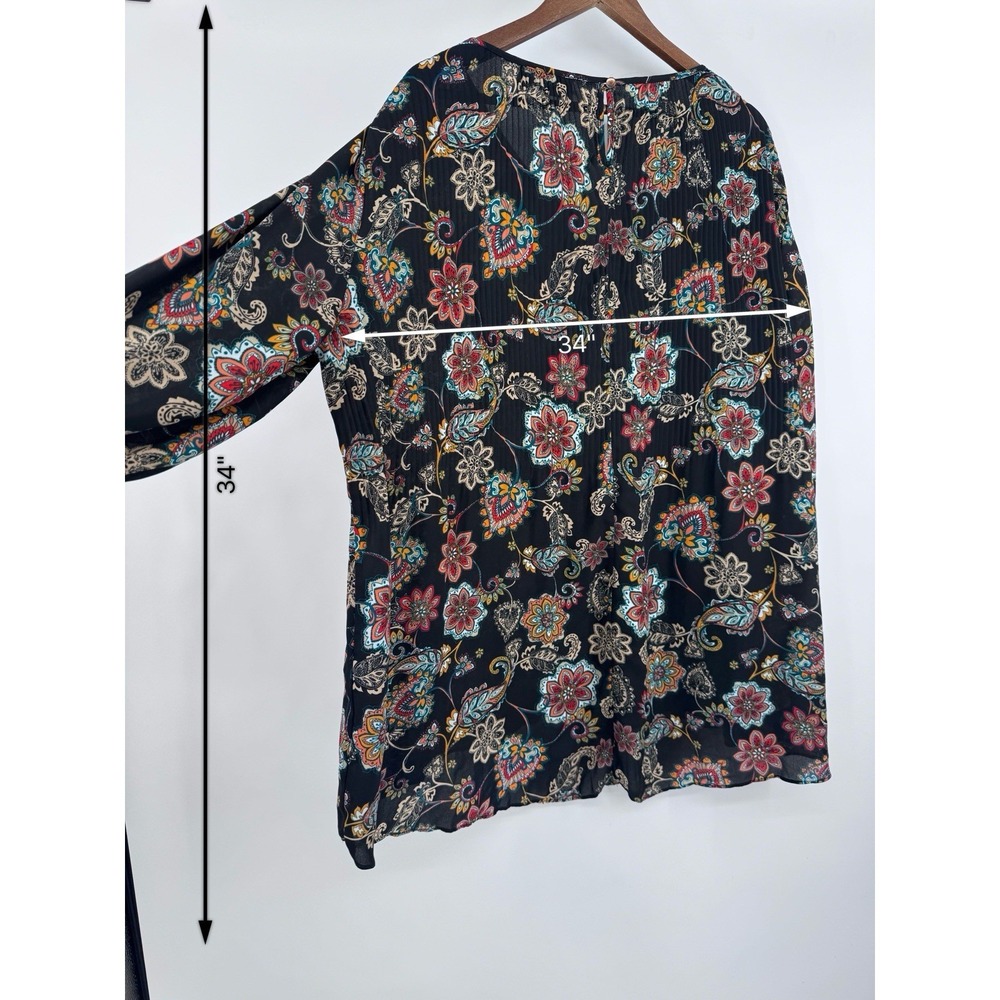 Cato Black Floral crinkle blouse peasant sleeve fall semi-sheer floral paisley - Picture 6 of 10